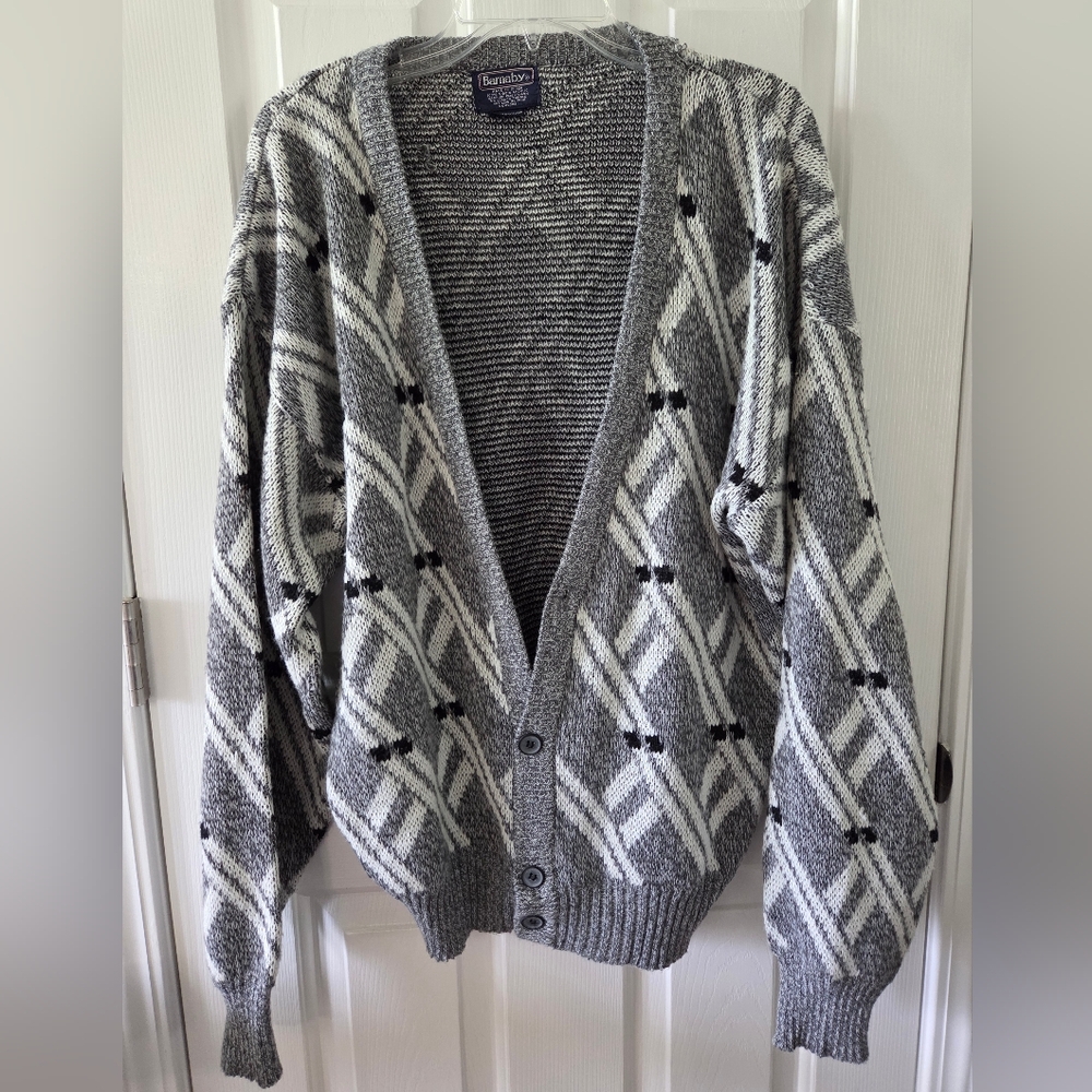 Gray and Black Cardigan Sweater with Geometric Design